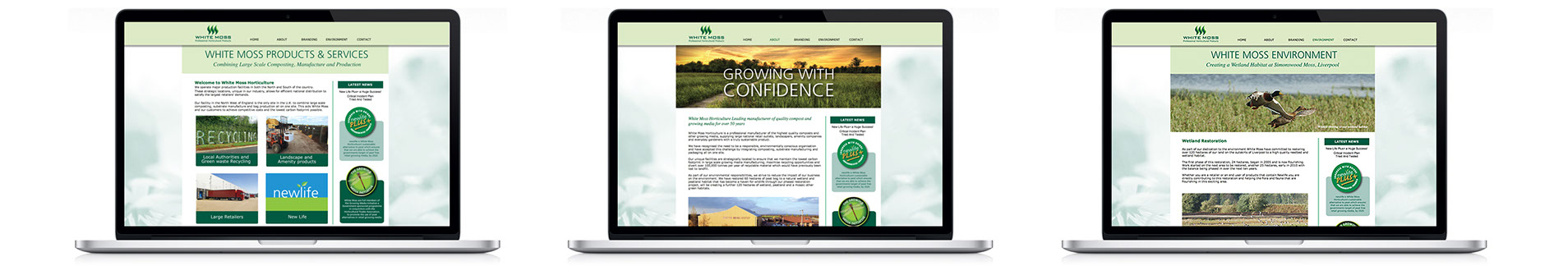 three screen shots of the whitemoss horticulture website, home page, growing with confidence page and white moss environment