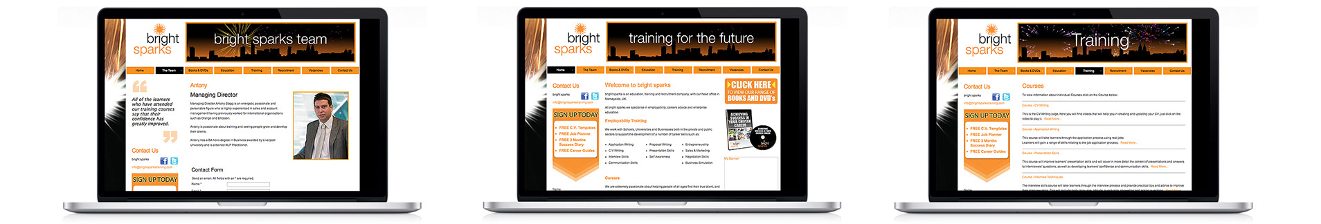 three screen shots, welcome page, courses page and a profile of the managing director.