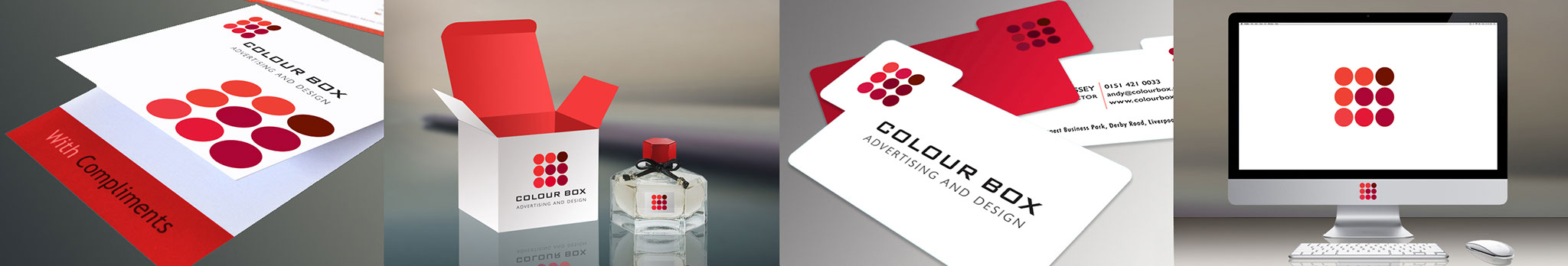 image of Colour Box branded compliment slip, perfume box and perfume bottle, business cards and poster on a bus stop.