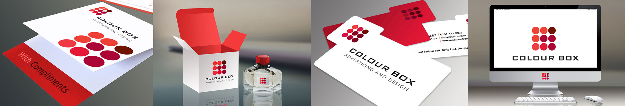 image of Colour Box branded compliment slip, perfume box and perfume bottle, business cards and poster on a bus stop.