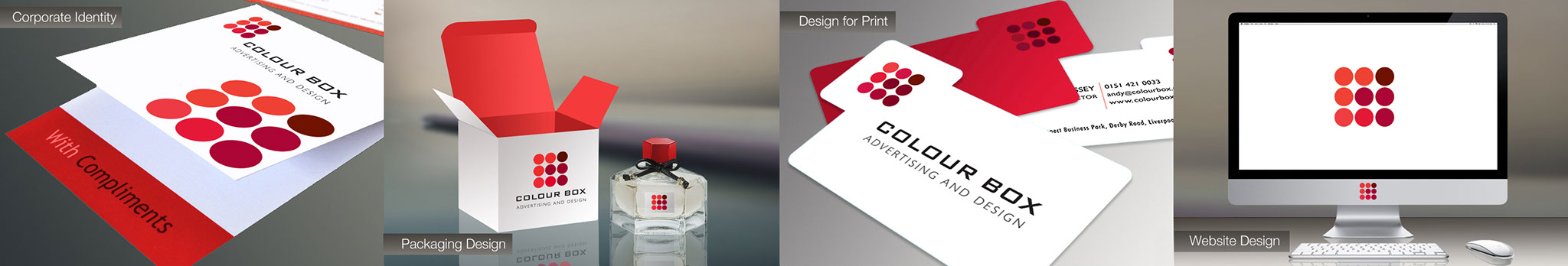 image of Colour Box branded compliment slip, perfume box and perfume bottle, business cards and poster on a bus stop.
