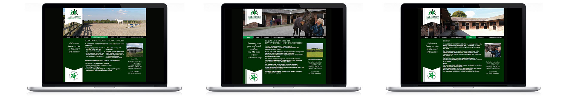 3 screenshots home page, livery and facilities page showing horse in a paddock