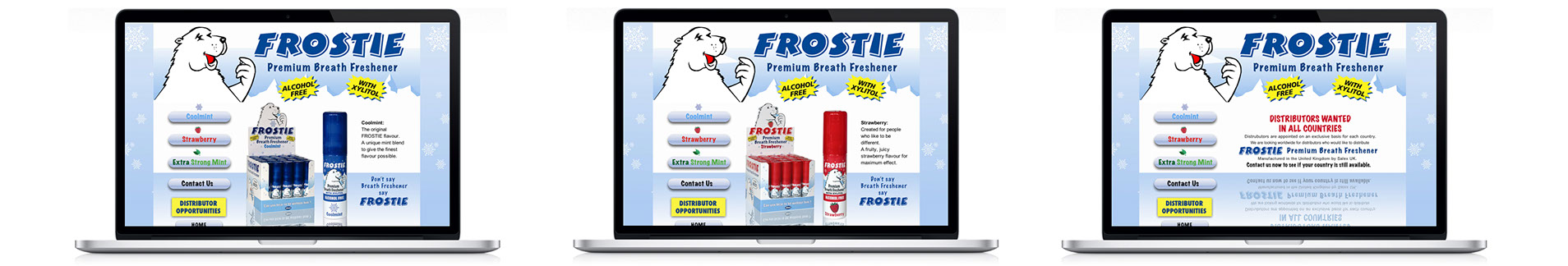 3 website screen shots two showing frostie breath freshener products and one page calling for distributors to help sell Frostie breath freshener
