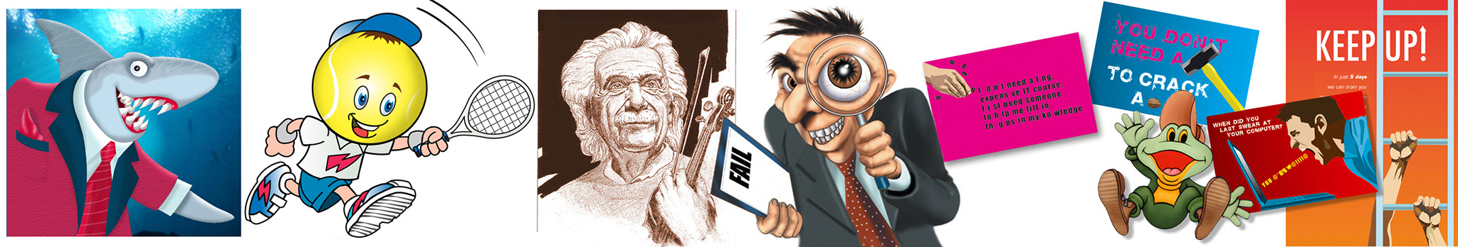 Shark, ball boy, Einstein, Inspector, post cards x 3, kelloggs smaks frog, man and computer, hands climbing a ladder