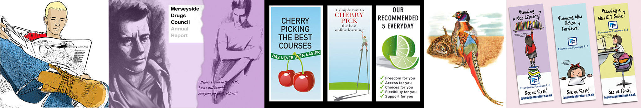 Line illustration student reading, 2 illustrations of men, 3 online course leaflets, watercolour of partridges, 3 illustrations for bookmarkers