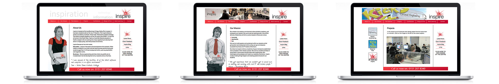 three screen shots, about us page, our mission page and projects