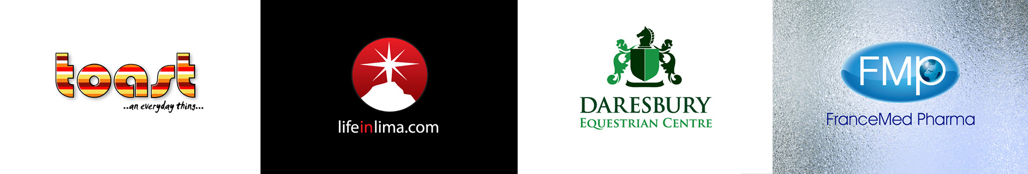 Toast cafe logo, lifeinlima logo, Daresbury Equestrian Centre Logo, France Med Pharma Logo