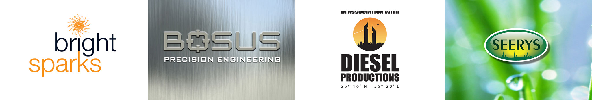 bright sparks logo, Bosus engineering logo, diesel productions logo, seerys logo