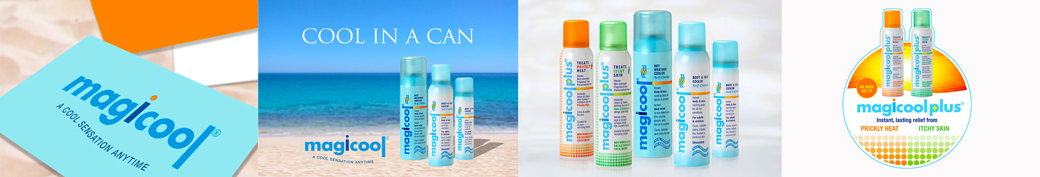 Magicool business card, poster of three magicool aerosol on a beach, pack shot of 5 magicool cans, magicool shelf wobbler