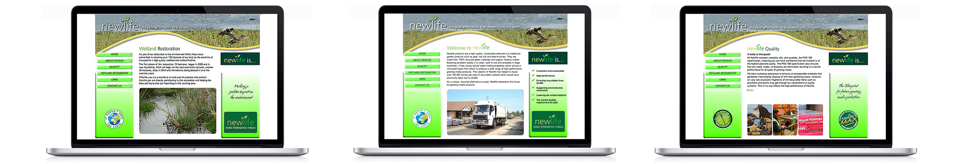 3 screen shots, welcome page, quality page and wetland restoration page.