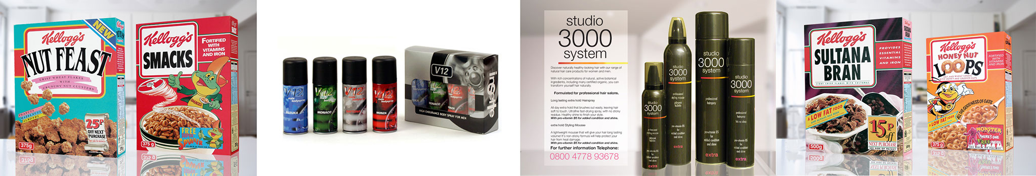 Kellogg's Cereal Packaging,Nut Feast and Smak's, V12 mens body Sprays, studio 3000 system product range, Sultana Bran and Honey Nut loops packag