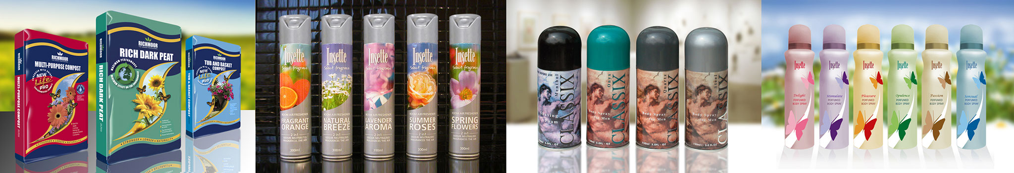 Richmoor plastic Bale Bags, Insetter room airfresheners x 5, Classix Mens body sprays x 4