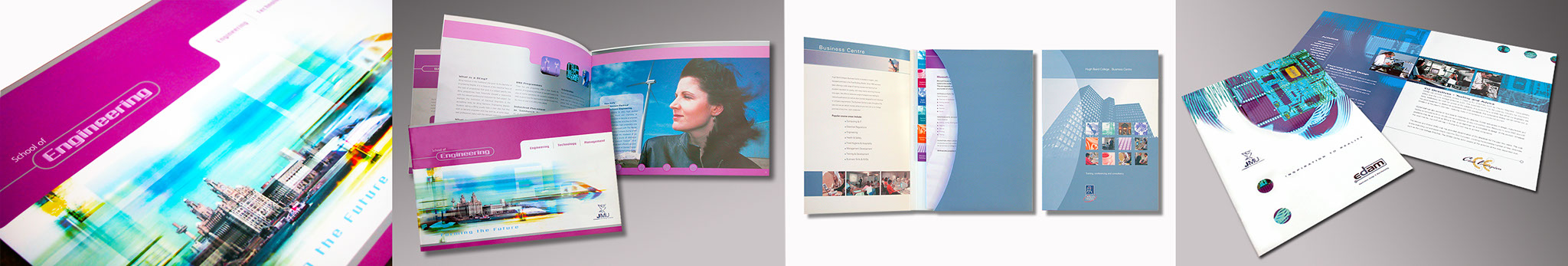LJMU school of engineering brochure cover and double page spread, Hugh Baird College Folder with tabbed inserts, EDAM Brochure
