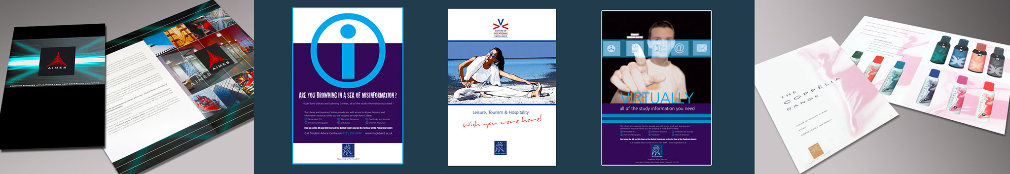 AIMES Brochure cover and a double page spread, Hugh Baird College Posters, Brochure for Elle Perfums Coppelia perfume Range leaflet