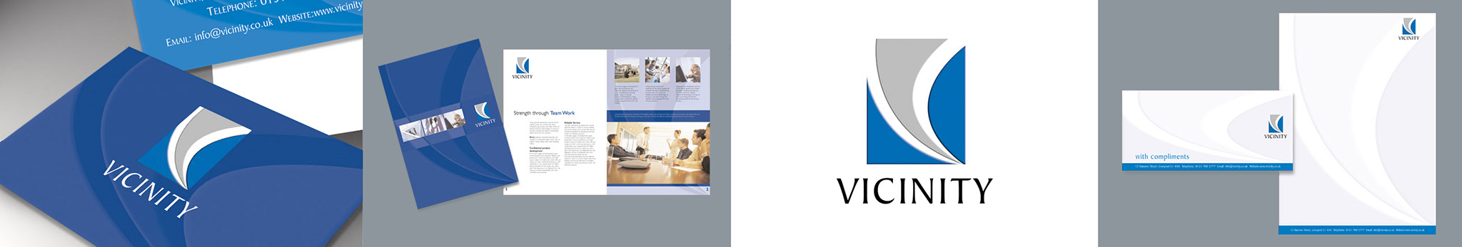 Vicinity business card, brochure cover and douple page spread, vicinity logo, stationery set