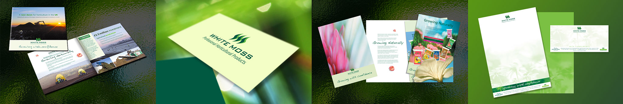 White Moss horticulture brochure, business card, sales folder and stationery